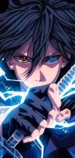 Dynamic anime character with electric blue and red eyes wielding a sword.