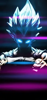 Anime character with glowing eyes and neon hair on dark background.