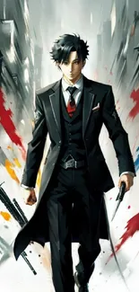 Anime character in a suit with colorful dynamic background.