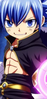 Anime character with blue hair, holding a glowing orb.