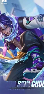 Anime character with purple and blue hues in motion, striking design.