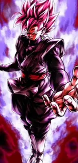 Anime character in dynamic pose with vibrant colors and purple aura.