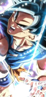 Vibrant anime character in action pose with electric blue hues.