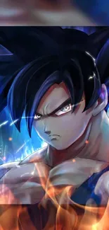 Dynamic anime character with blue aura and fiery background.