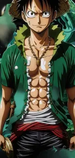 Vibrant anime character with green outfit and intense expression.