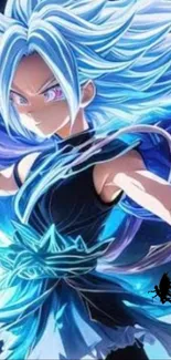 Anime character with blue energy aura in dynamic pose.