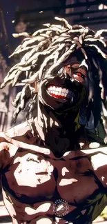 Fierce anime character with dreadlocks.