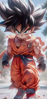 Anime character in orange outfit with spiky hair and intense expression.