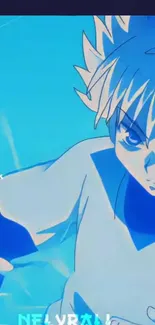 Anime character in dynamic pose with vibrant blue background.