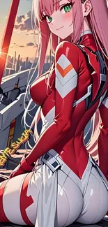 Anime character in dynamic red and white suit with futuristic backdrop.