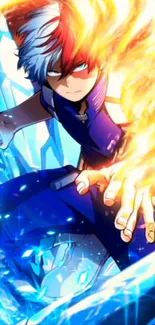 Anime character with fire and ice powers on a blue background.