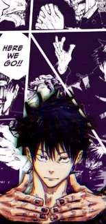 Dynamic anime comic wallpaper with purple theme and bold character design.