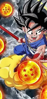 Anime character with dragon balls in action on a cloud.