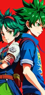 Anime duo with green hair against a red background.