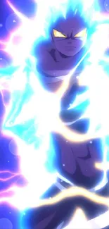 Anime character with bright electric aura and blue glowing energy.