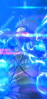 Anime warrior surrounded by electric energy with blue dominance.