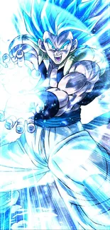 Dynamic anime character emitting blue energy.