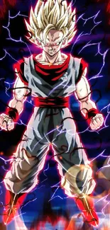 Anime character surrounded by electrifying energy on dark background.