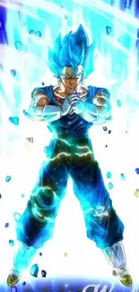 Vibrant anime character with blue energy aura in dynamic pose.