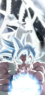 Dynamic anime character unleashing an energy surge with bright light effects.