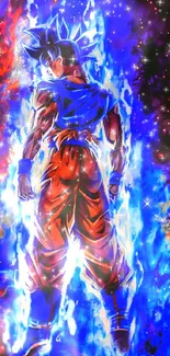 Anime character with blue and red aura in dynamic wallpaper.