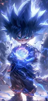 Anime character with glowing blue energy sphere, surrounded by dynamic aura.