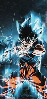 Dynamic anime character with blue energy aura and shattered glass effect.