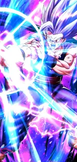 Anime character with energy burst in vibrant blue and purple hues.