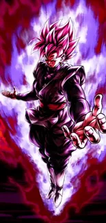 Anime character with purple aura and red background. Striking and dynamic design.