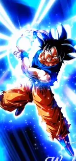 Anime character with blue energy aura and orange pants in action pose.