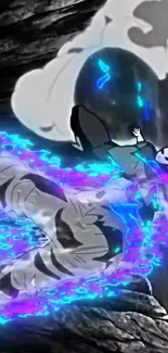 Anime figure surrounded by electric blue energy on a bold background.