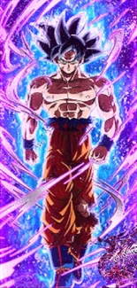 Anime character with vibrant blue and purple energy aura on a dynamic background.