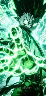 Anime character with green energy aura and dynamic pose.
