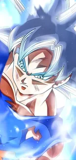 Anime character in blue energy aura, intense action scene.