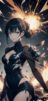 Dynamic anime character amidst exploding shards in vibrant artwork.