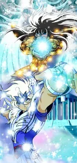 Anime characters with glowing effects in a fantasy setting.