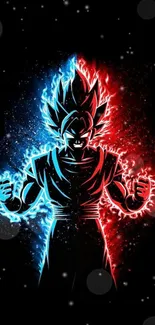 Anime character with a fiery blue and red aura on a black background.