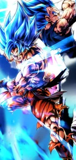 Anime fight scene with dynamic blue energy and vibrant characters.