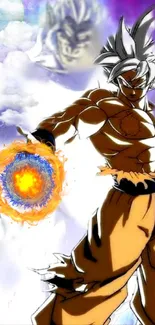 Anime fighter with energy aura and clouds in background.