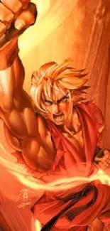 Anime fighter with fiery colors in action pose.