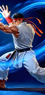 Anime fighter with blue energy aura in powerful pose.