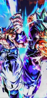 Anime fighters in action-packed scene with vibrant colors.