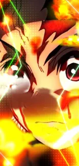 Anime character with fiery background and dynamic lighting effects.