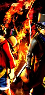 Anime trio with fiery effects in vibrant wallpaper.