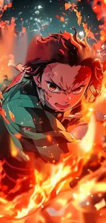 Anime character surrounded by vibrant flames in action pose.