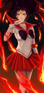 Anime warrior with flames and a sailor outfit.