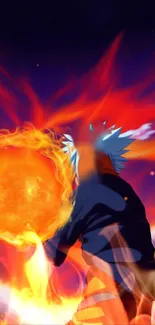 Anime character holding a fiery orange fireball on a vibrant background.