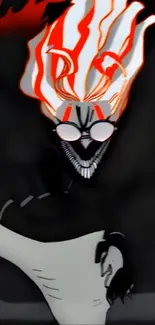 Fiery anime character with glowing hair and dark background.