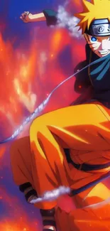 Anime character leaping through orange flames, creating a dynamic scene.