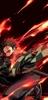 Anime character in fiery action pose, surrounded by vivid flames.